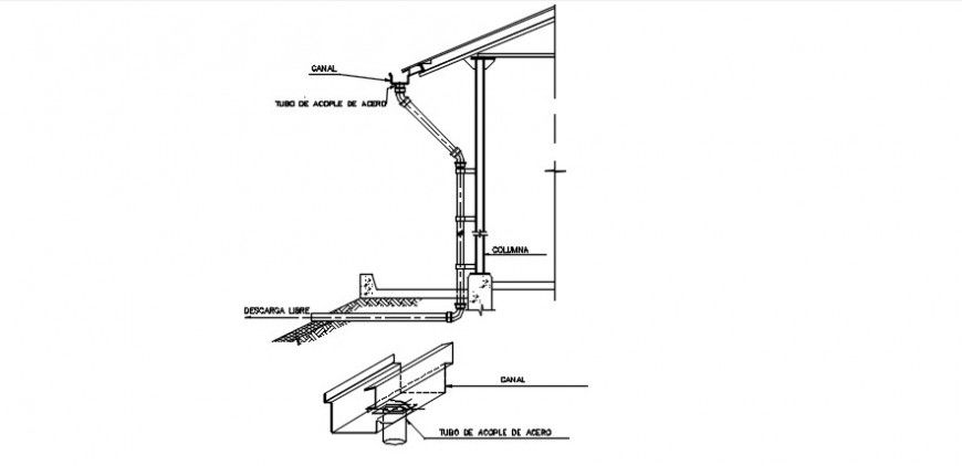 Drain ceiling roof down spout section and structure details dwg file