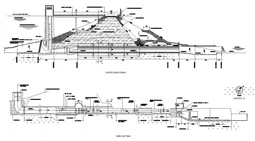 Drainage line system under the bridge drawing in dwg AutoCAD file.