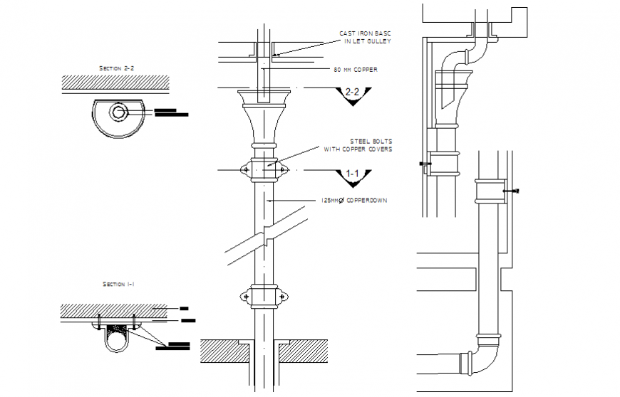 Drainage pipe section and plumbing details dwg file