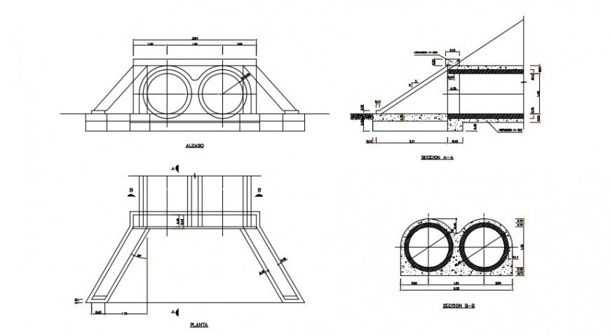 Drainage sewer section and plumbing structure drawing details dwg file