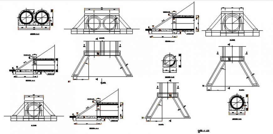 Drainage sewer sections and plumbing structure details dwg file