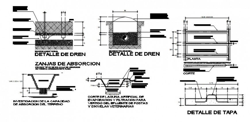 Drainage sewer system sections and plumbing construction details for school dwg file