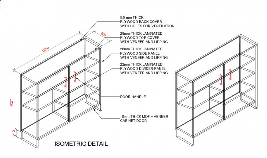 Drawer isometric drawing detail in DWG file