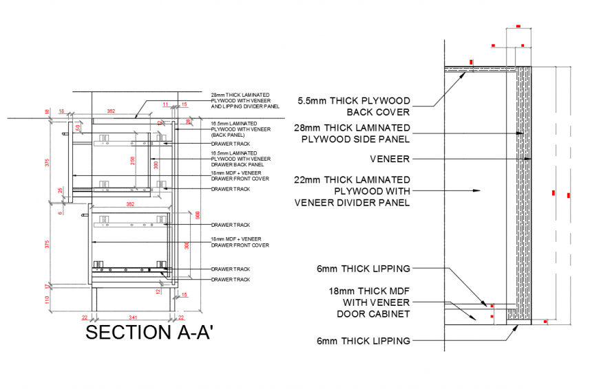 Drawer track section detail in this drawing