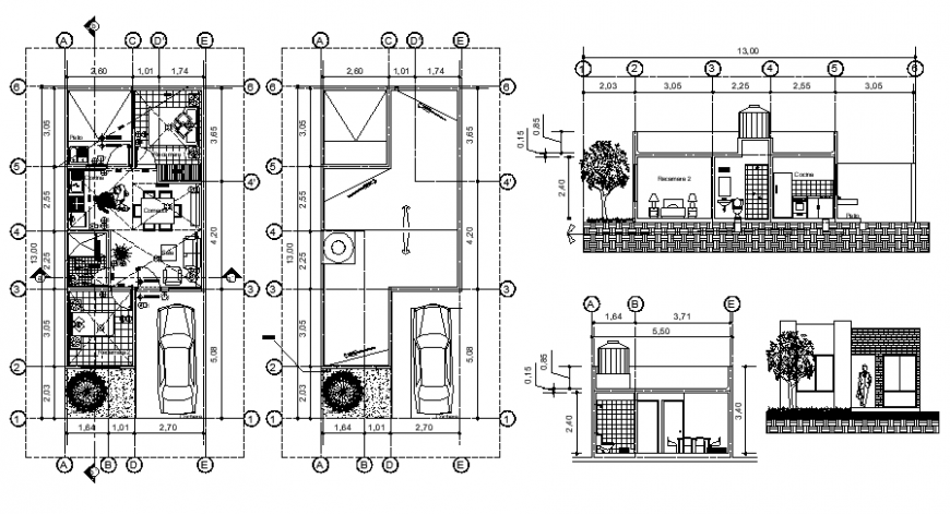 Drawing 2d view construction plan elevation and section of house autocad file