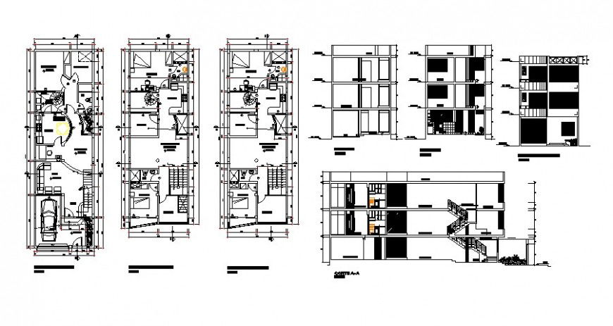 Drawing 2d view of house plan elevation and section dwg file