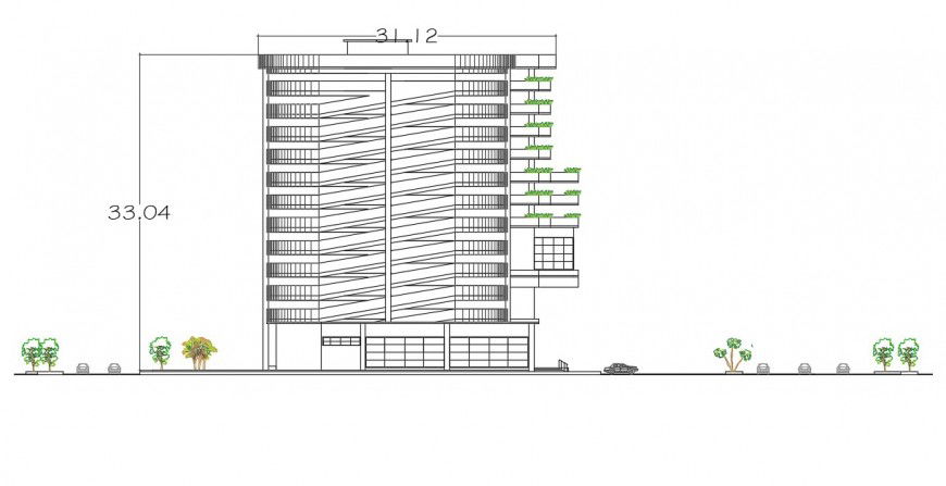 Drawing detail of commerce building 2d view autocad software file