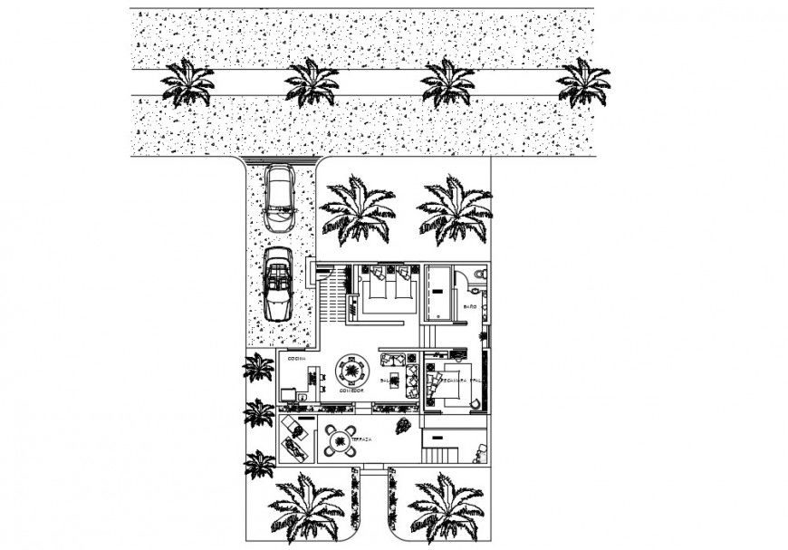 Drawing detailing of Bungalow 2d view layout plan autocad file