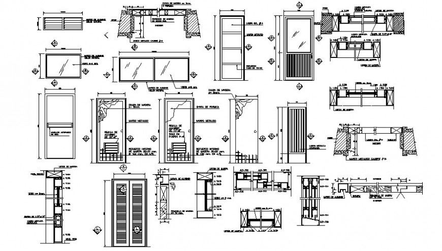 Drawing details of door window units 2d view elevation and section in autocad