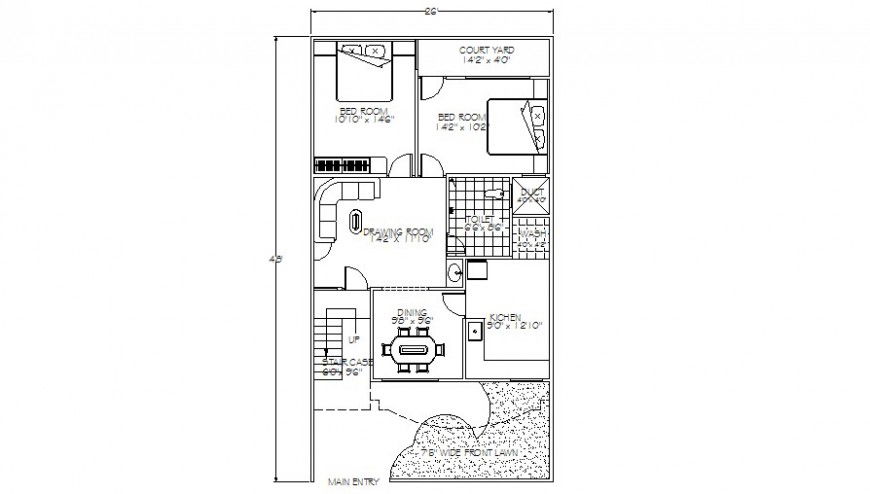 Drawing details of two bhk residential house layout plan autocad file