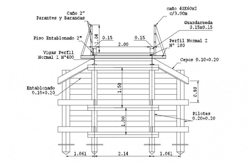 Drawing details of walking bridge 2d view side elevation autocad file