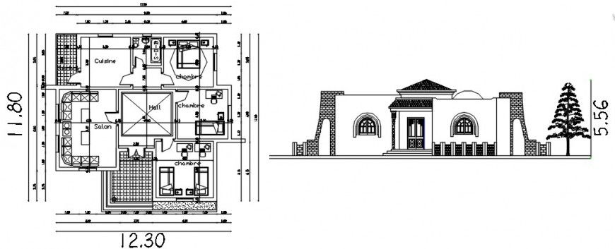 Drawing elevation and floor plan of house 2d view dwg file