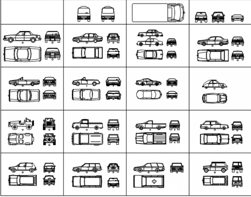 Drawing of 2d vehicles block AutoCAD file