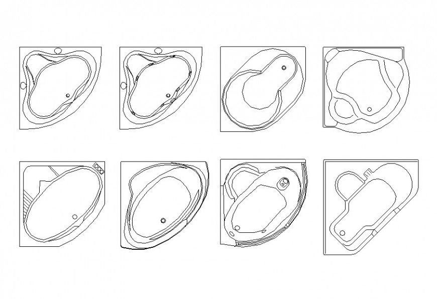 Drawing of corner bathtubs blocks AutoCAD file