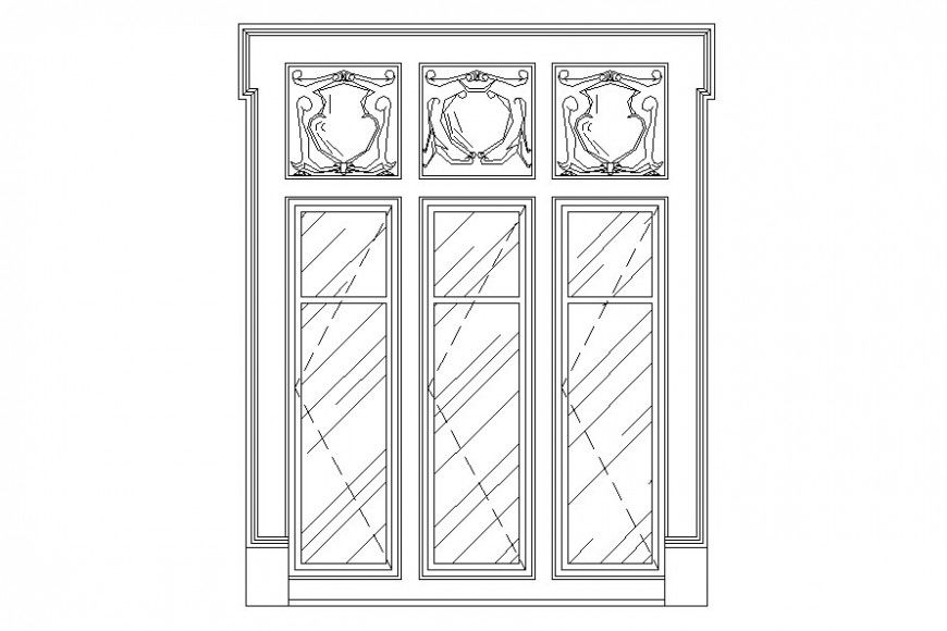 Drawing of decorative three shutter window AutoCAD file