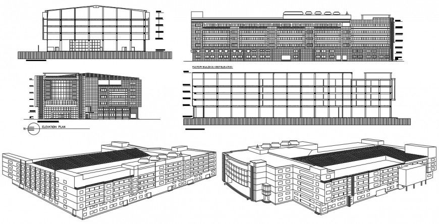 Drawing of factory building with elevation details in autocad