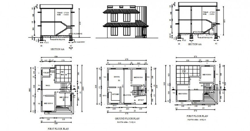 Drawing of housing units plan elevation and section dwg file