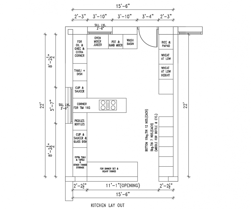Drawing of kitchen layout 2d design AutoCAD file
