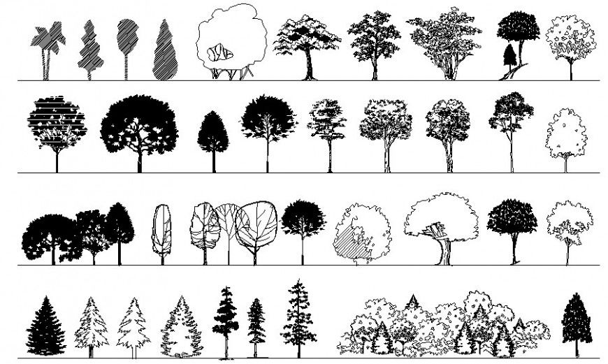 Drawing of landscaping units of trees 2d view in autocad software