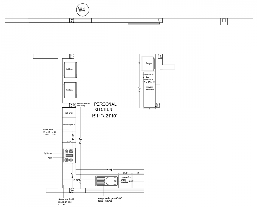 Drawing of the 2d interior design of kitchen AutoCAD file