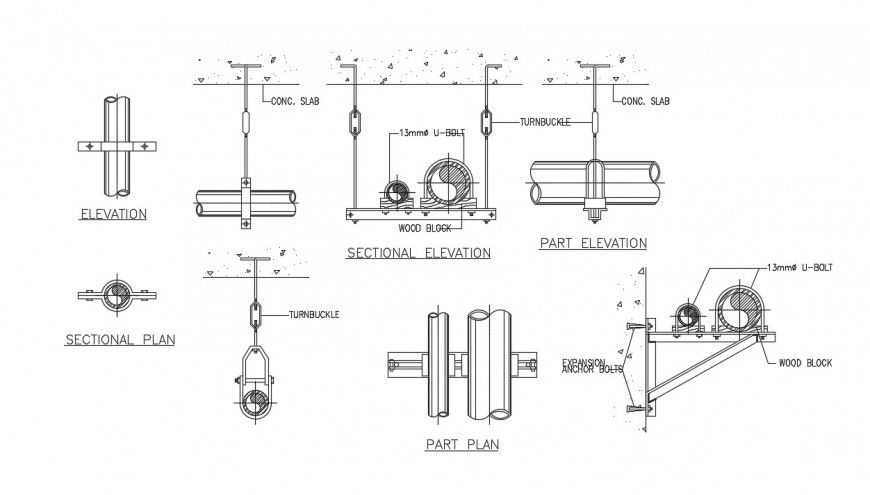 Drawing of the different plan of pipes in dwg file