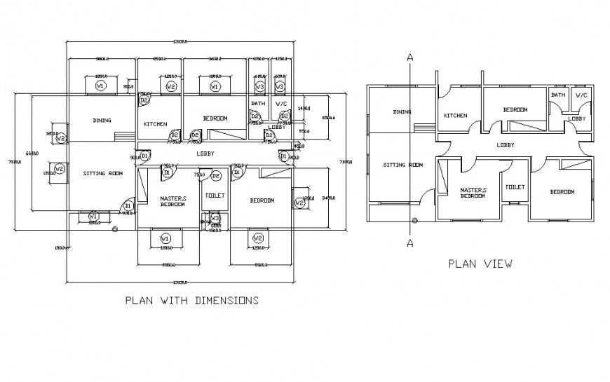 Drawing of three bedroom bungalow 2d details