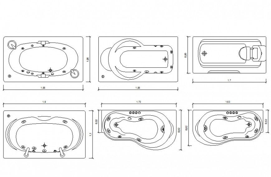 Drawing of wall mounted bathtubs blocks AutoCAD file