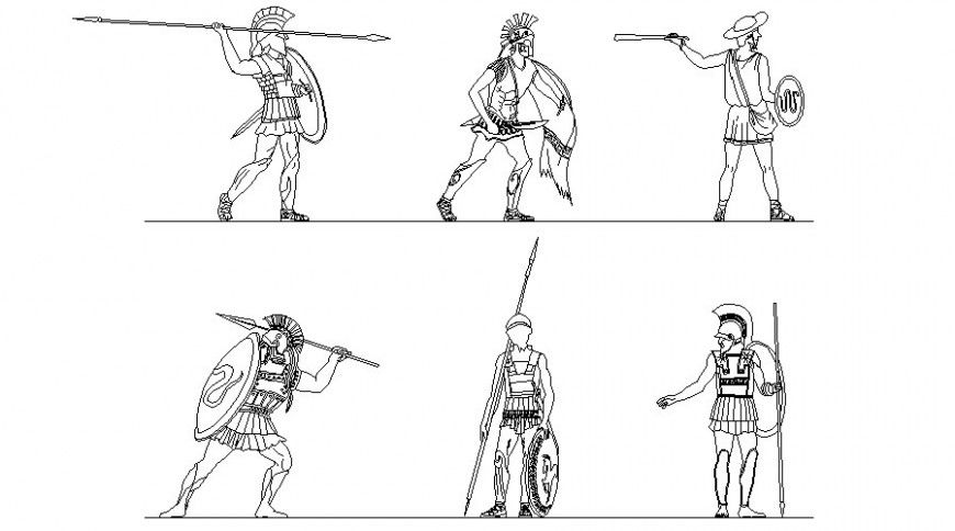 Drawing of warrior people blocks 2d view autocad file