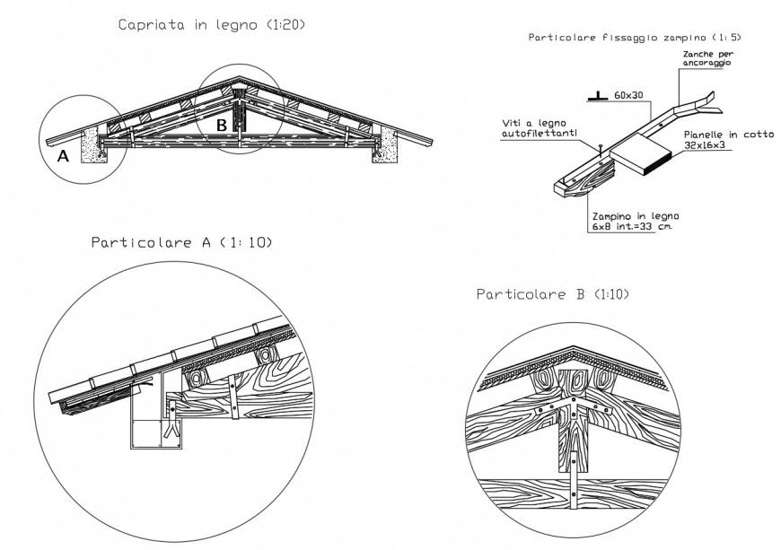 Drawing of wooden roof truss details AutoCAD file