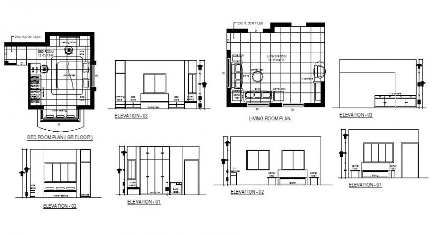 Drawing room and bedroom elevation and plan cad drawing details dwg file
