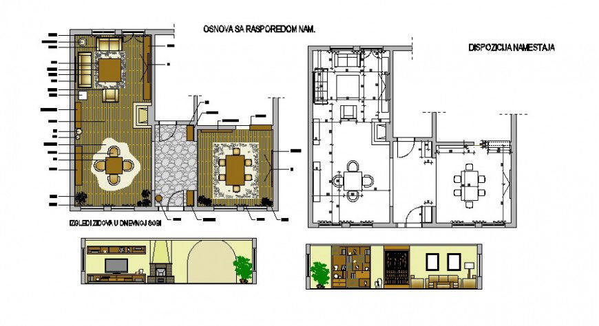 Drawing room and dining area plan and elevation 2d view autocad file