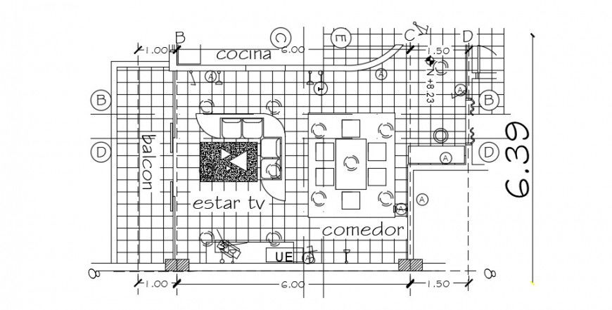 Drawing room distribution plan with furniture drawing details dwg file