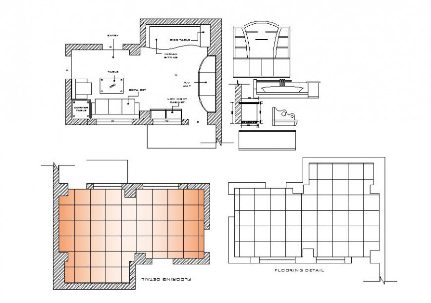 Drawing room flooring layout and furniture layout cad drawing details dwg file