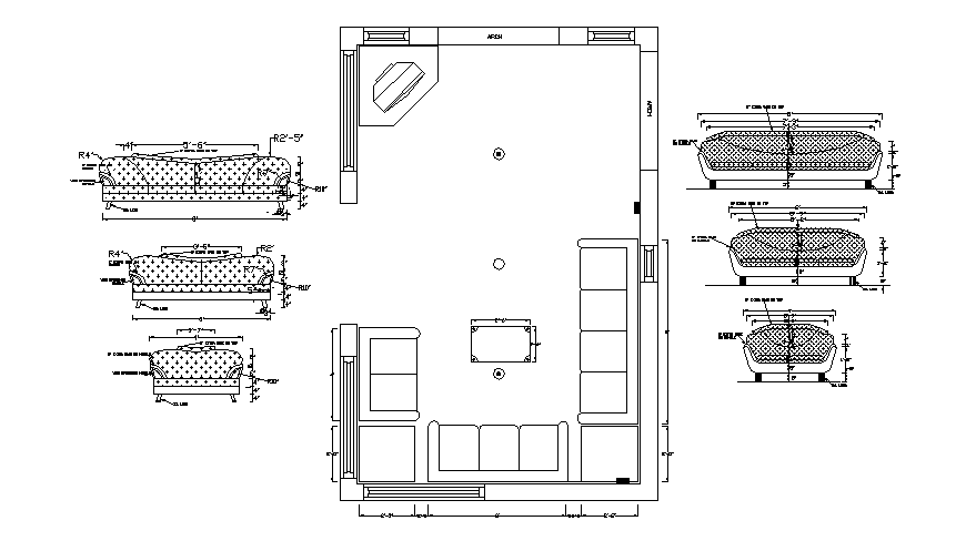 Drawing room interior and furniture layout details dwg file