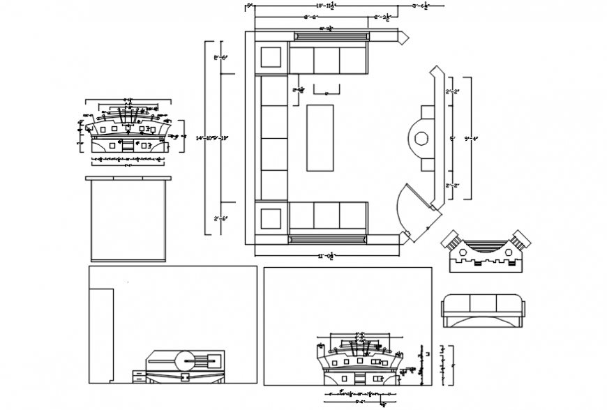 Drawing room layout plan and furniture with carpentry drawing details dwg file
