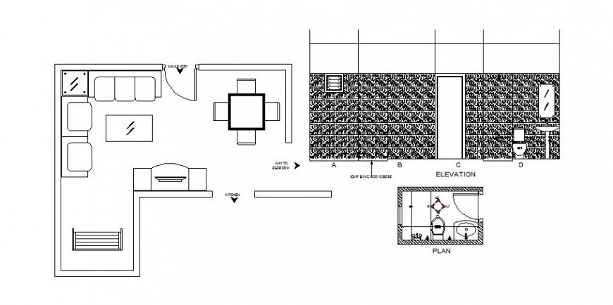 Drawing room plan with attached toilet elevation and plan cad drawing details dwg file