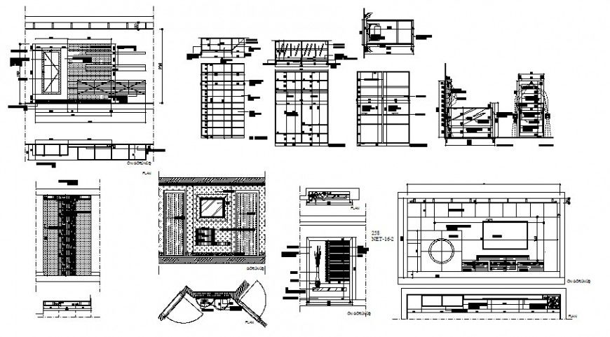 Drawing room section plan, furniture and interior details dwg file