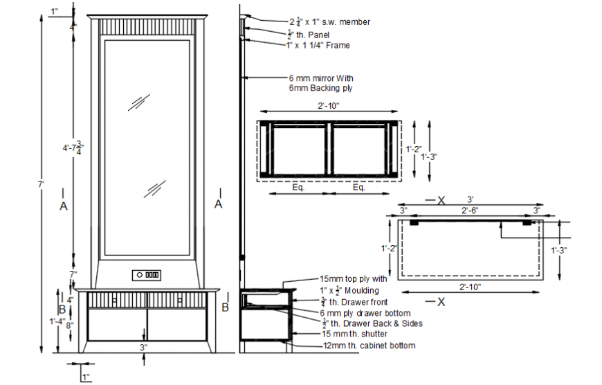 Drawings 2d view elevation of furniture dressing table desk dwg autocad file