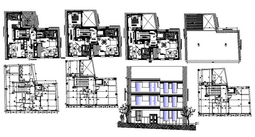 Drawings 2d view of apartment elevation plan autocad software file