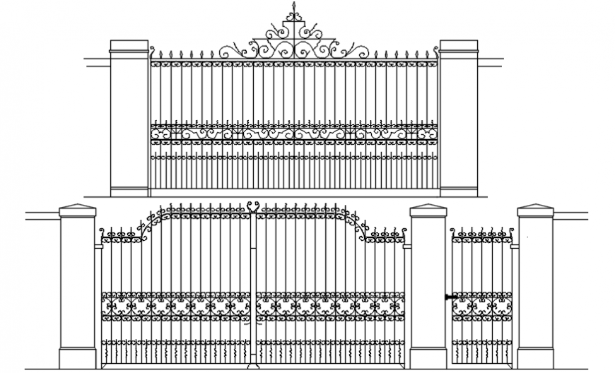Drawings 2d view of entrance gate elevation autocad software file