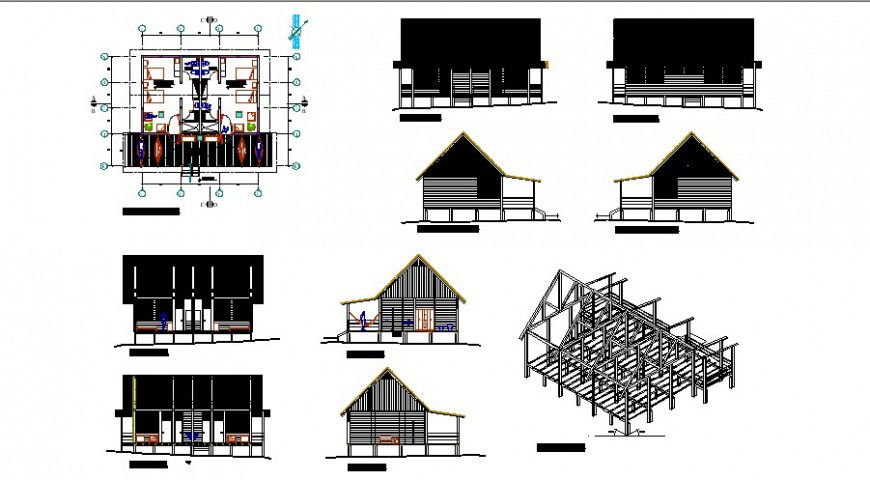 Drawings 2d view of house plan elevation and sectional units dwg file