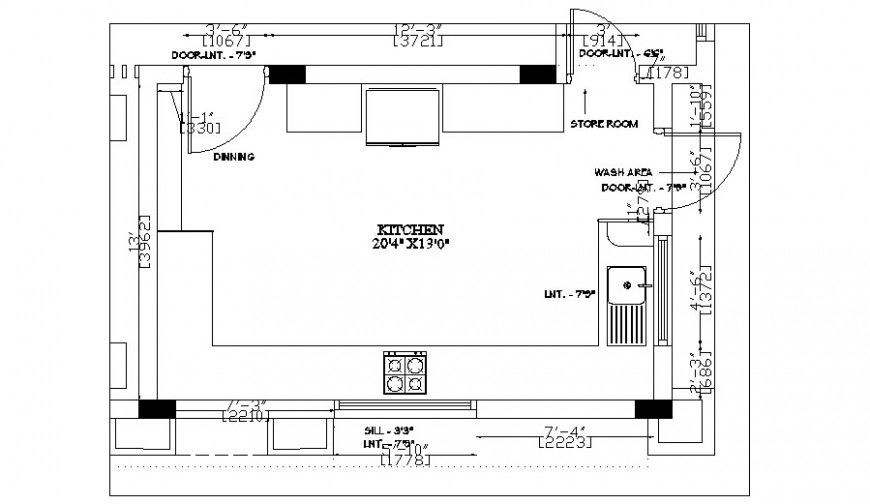 Drawings 2d view of kitchen area autocad software file