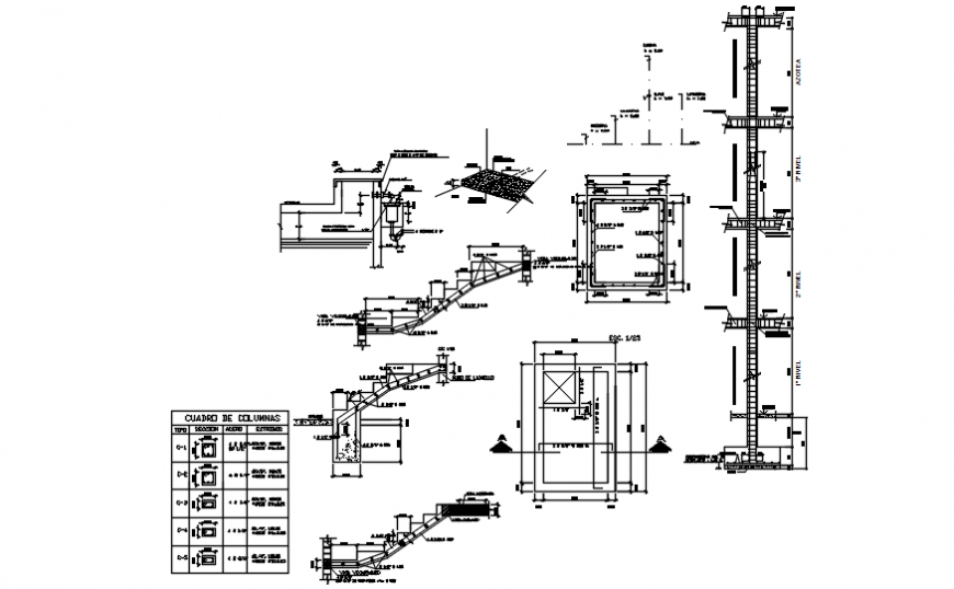 Drawings 2d view RCC structural blocks of staircase and footing dwg file