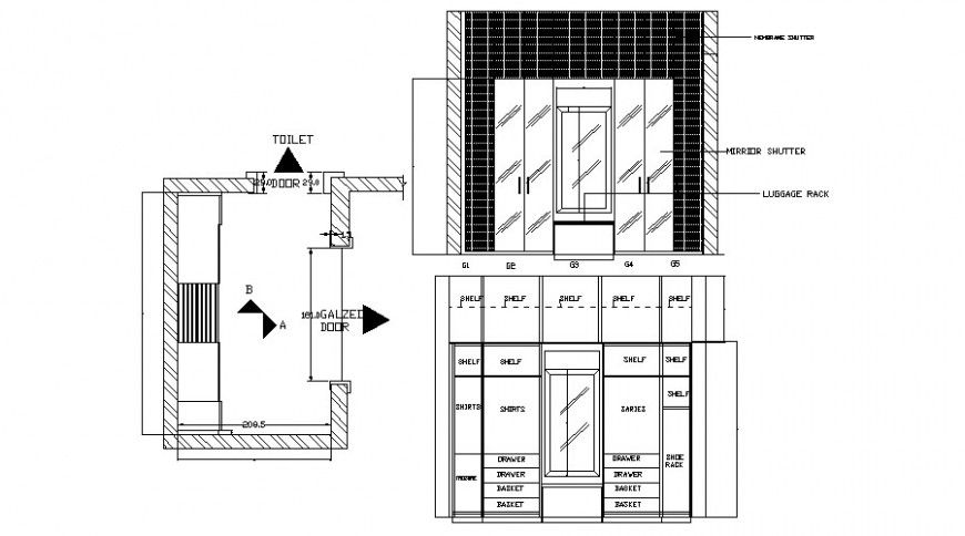 Drawings detail elevation of wardrobe furniture units 2d view autocad file