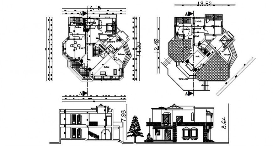 Drawings details 2d view CAD elevation plan and section of housedwg file