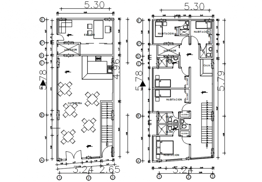 Drawings details of hotel building 2d view layout plan dwg autocad file