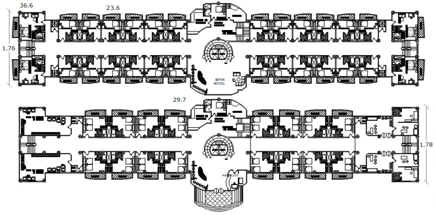 Drawings details of hotel building project 2d plan in autocad software file