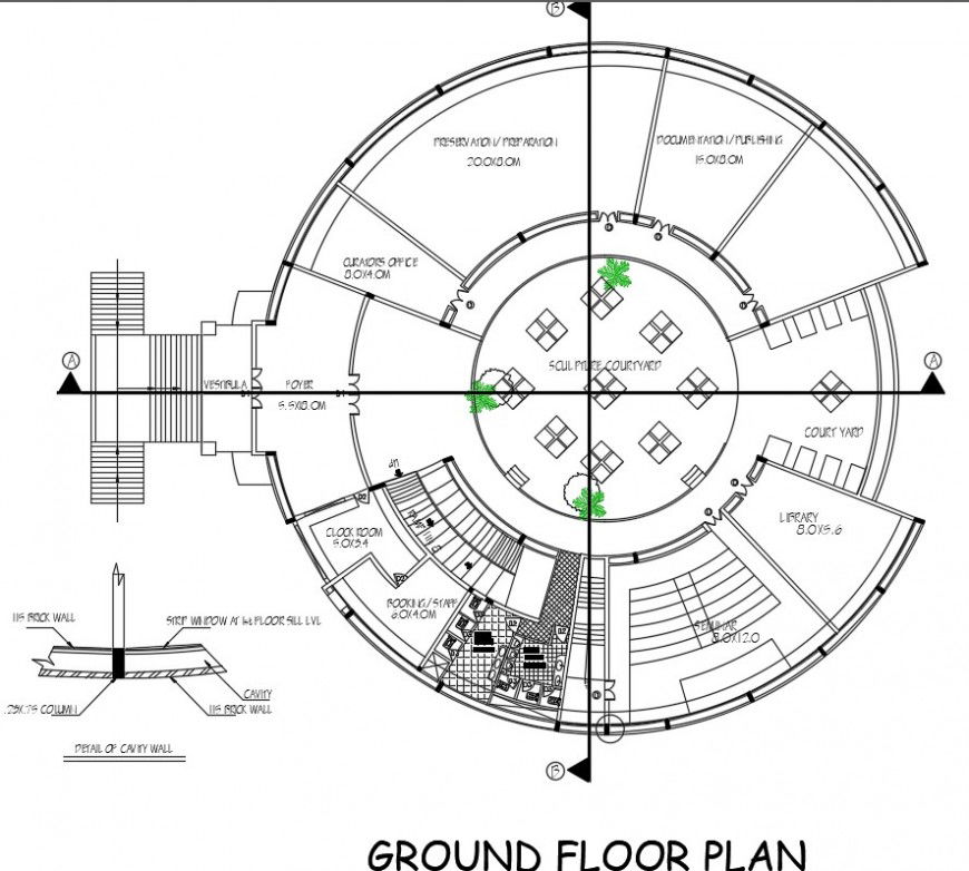 Drawings details of museum building plan layout dwg file
