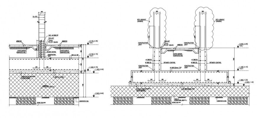 Drawings details of raft foundation footing 2d view dwg file
