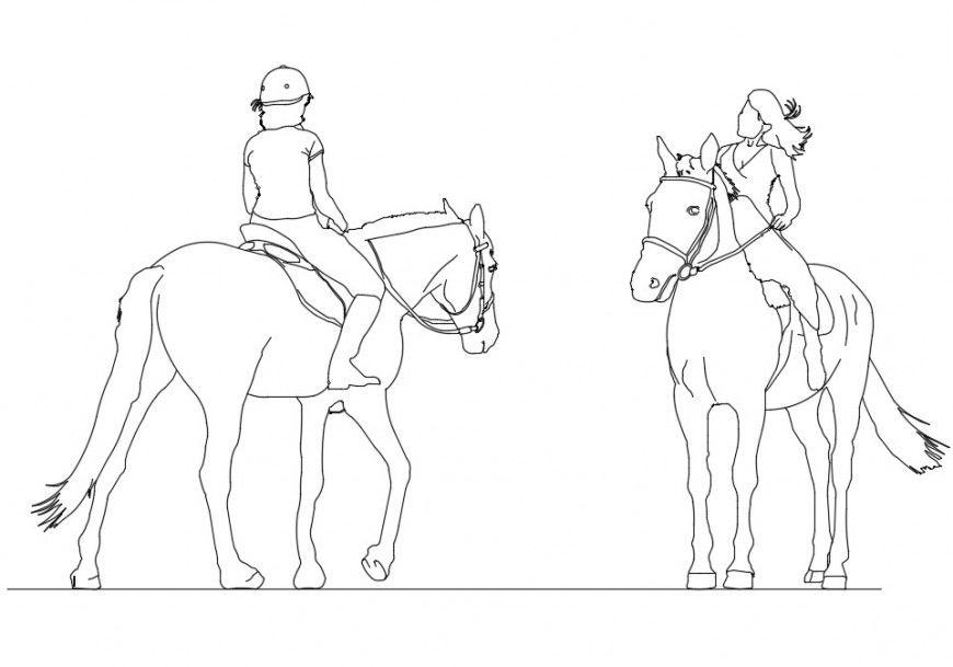 Drawings details of women riding horse 2d view dwg file
